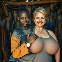 In a rundown shack filled with weapons, a very short and malnourished 25-year-old black African woman with deep black skin has an angry expression