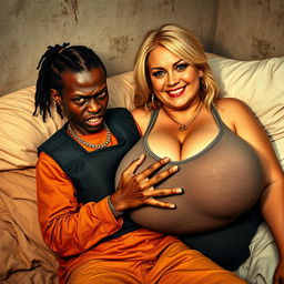 In a poor bed setting, a very short and malnourished 25-year-old black African woman with deep black skin has an angry expression and glares with fury