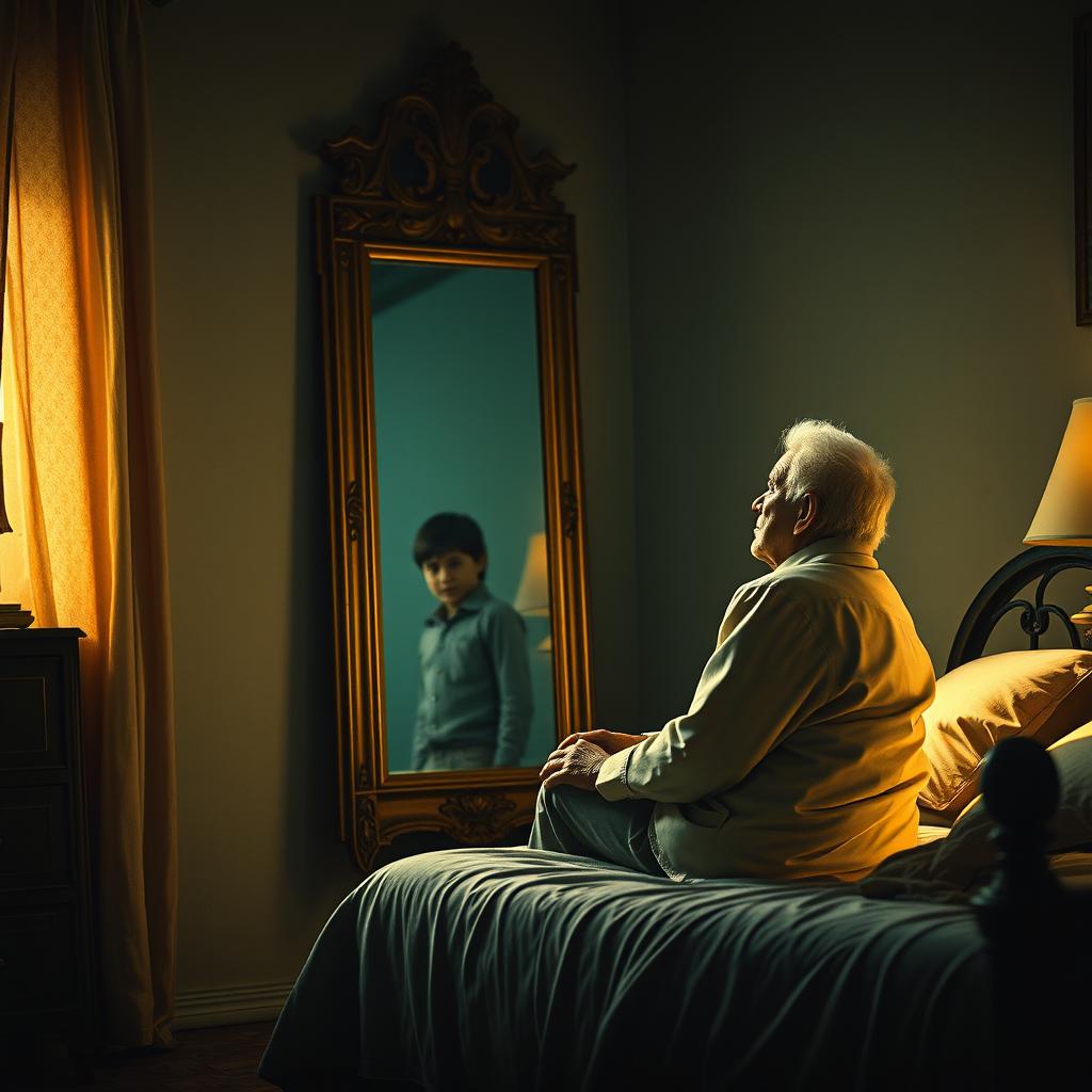 A nostalgic and emotional movie poster depicting an elderly Mexican man sitting on the edge of his bed in a dimly lit, cozy bedroom