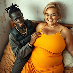 In a poor bed setting, a very short and malnourished 25-year-old black African woman with deep black skin has an angry expression