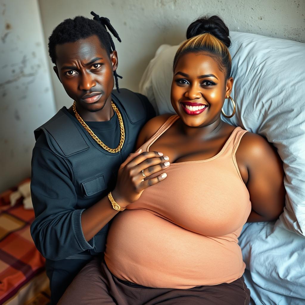 In a poor bed setting, a very short and malnourished 25-year-old black African woman with deep black skin has an angry expression