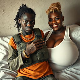 In a poor bed setting, a very short and malnourished 25-year-old black African woman with deep black skin has an angry expression