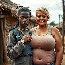 In an African village setting, a very short and malnourished 25-year-old black woman with deep black skin has an angry expression