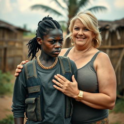 In an African village setting, a very short and malnourished 25-year-old black woman with deep black skin has an angry expression