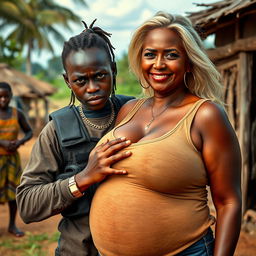 In an African village setting, a very short and malnourished 25-year-old black woman with deep black skin has an angry expression