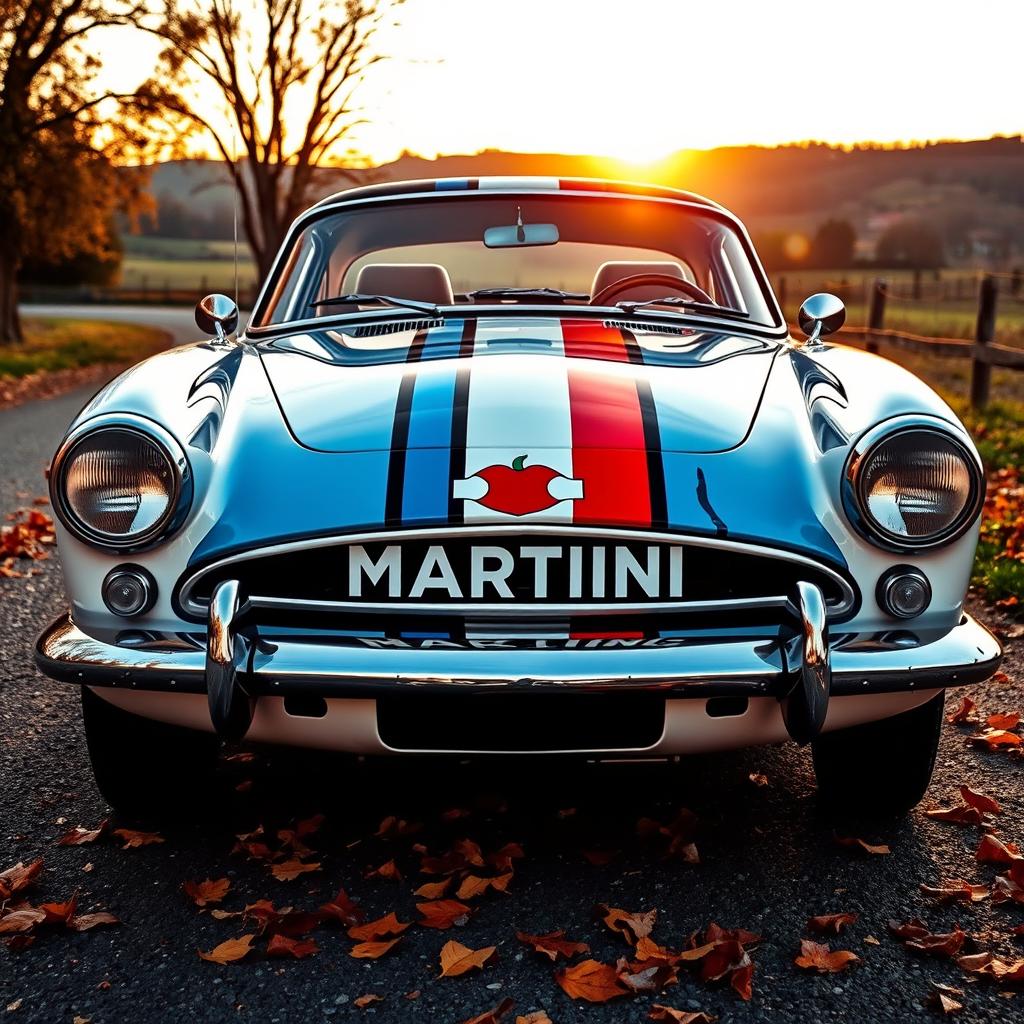 A vintage classic car featuring the iconic Martini Racing livery, characterized by bold blue and red stripes on a white background