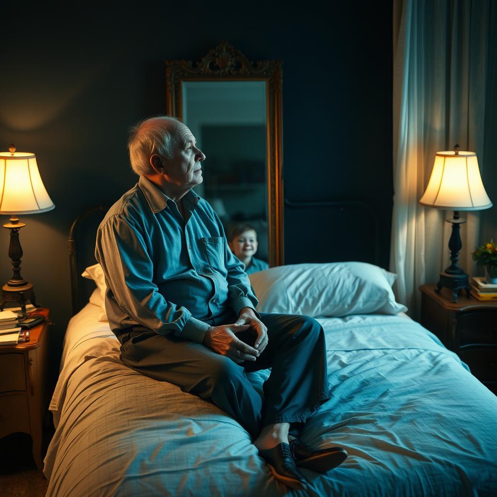 A nostalgic scene featuring a 55-year-old man sitting on the edge of his bed in a dimly lit, cozy bedroom