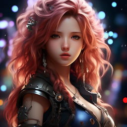 Transform the image to reflect the intricately detailed style of Final Fantasy characters. Re-imagine the anime woman while upholding the ultra-detailed, 32k resolution, and a beautiful color scheme that ranges from dark tones to light specks with a stunning bokeh effect.