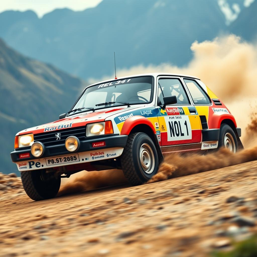 A vibrant and dynamic rally car designed as a Peugeot 205, featuring a sporty four-door configuration