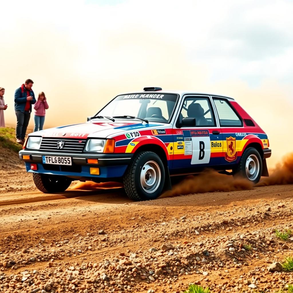 A rally car designed as a Peugeot 205, featuring a unique 4-door saloon body style suitable for a family