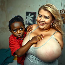 In a poor room setting, a very short and malnourished 20-year-old black woman, characterized as a petite dwarf with deep black skin, has an angry expression with fierce blue eyes