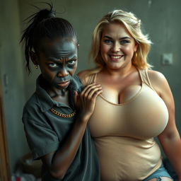 In a poor room setting, a very short and malnourished 20-year-old black woman, characterized as a petite dwarf with deep black skin, has an angry expression with fierce blue eyes