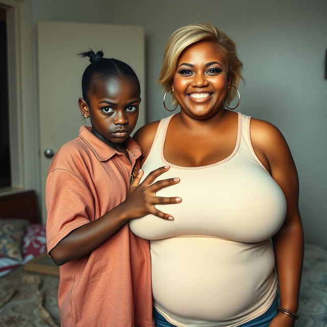 In a poor room setting, a very short and malnourished 20-year-old black woman, characterized as a petite dwarf with deep black skin, has an angry expression with fierce blue eyes