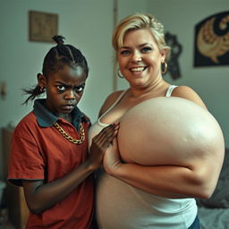 In a poor room setting, a very short and malnourished 20-year-old black woman, characterized as a petite dwarf with deep black skin, has an angry expression with fierce blue eyes