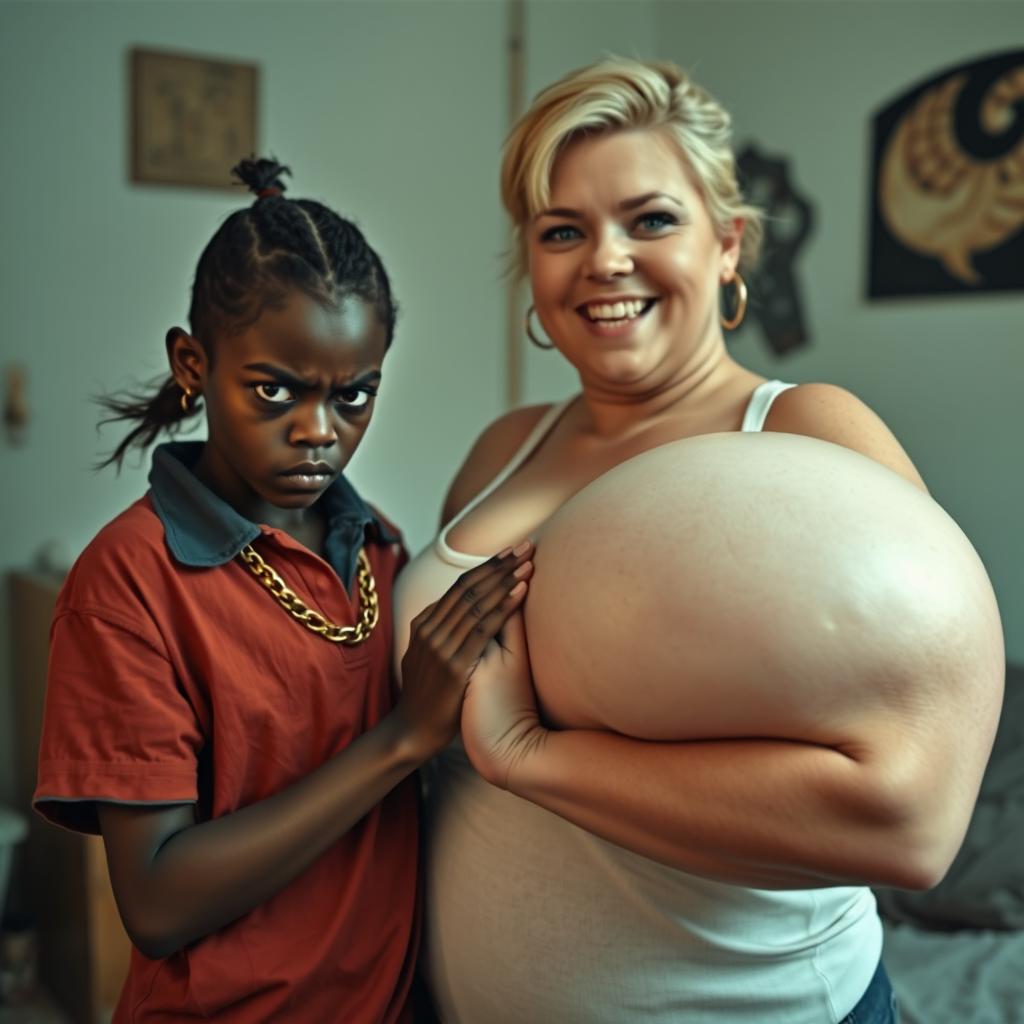 In a poor room setting, a very short and malnourished 20-year-old black woman, characterized as a petite dwarf with deep black skin, has an angry expression with fierce blue eyes