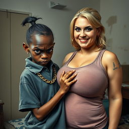 In a poor room setting, a very short and malnourished 20-year-old black woman, characterized as a petite dwarf with deep black skin, has an angry expression with fierce blue eyes