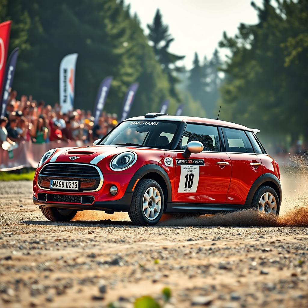 A vibrant red rally car modeled as a Mini, featuring a sleek, sporty design with distinctly aggressive lines