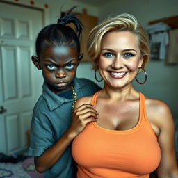 In a poor room setting, a very short and malnourished 20-year-old black woman, characterized as a petite dwarf with deep black skin, displays an angry expression with fierce blue eyes