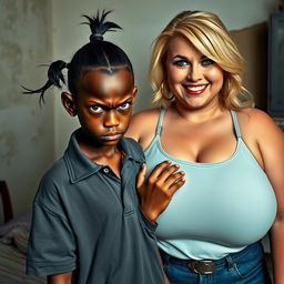 In a poor room setting, a very short and malnourished 20-year-old black woman, characterized as a petite dwarf with deep black skin, displays an angry expression with fierce blue eyes