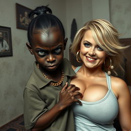 In a poor room setting, a very short and malnourished 20-year-old black woman, characterized as a petite dwarf with deep black skin, displays an angry expression with fierce blue eyes