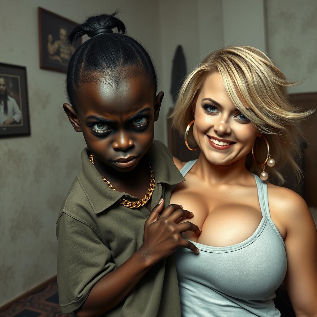 In a poor room setting, a very short and malnourished 20-year-old black woman, characterized as a petite dwarf with deep black skin, displays an angry expression with fierce blue eyes