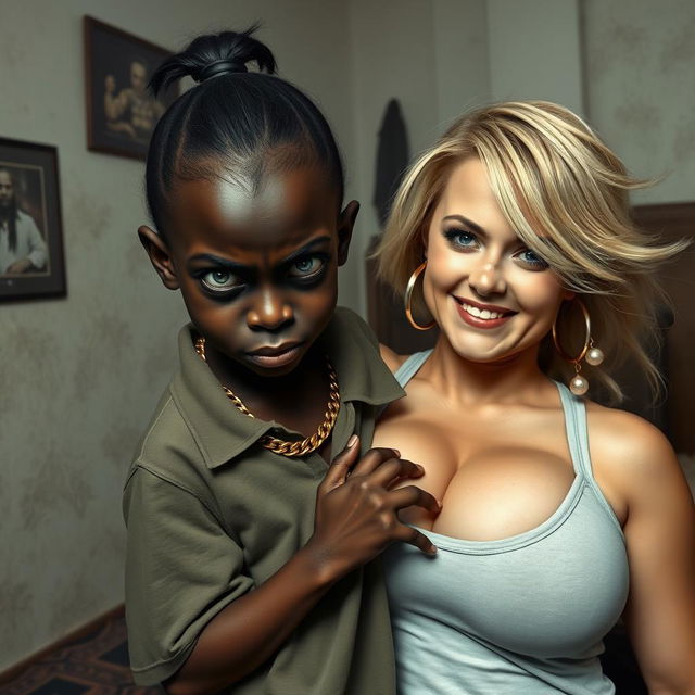 In a poor room setting, a very short and malnourished 20-year-old black woman, characterized as a petite dwarf with deep black skin, displays an angry expression with fierce blue eyes