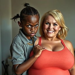 In a poor room setting, a very short and malnourished 20-year-old black woman, characterized as a petite dwarf with deep black skin, displays an angry expression with fierce blue eyes