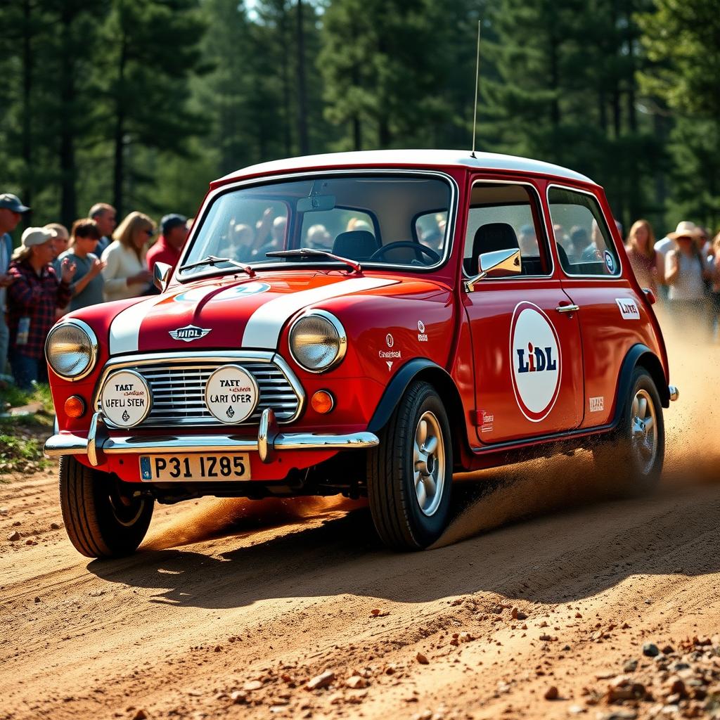 A classic red rally car designed as an old Mini, featuring four doors and adorned with Lidl sponsorship decals