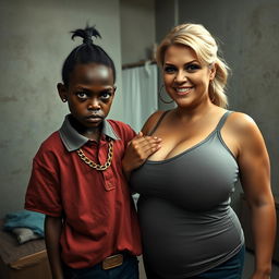 In a poor room setting, a very short and malnourished 20-year-old black woman, characterized as a petite dwarf with deep black skin, has an angry expression with fierce blue eyes