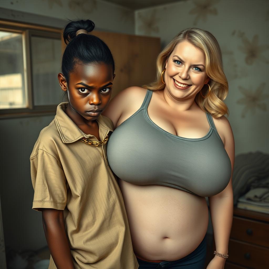 In a poor room setting, a very short and malnourished 20-year-old black woman, characterized as a petite dwarf with deep black skin, has an angry expression with fierce blue eyes