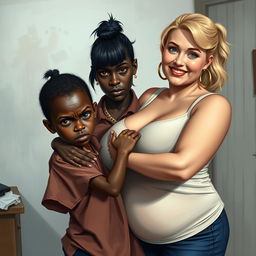 In a poor room setting, a very short and malnourished 20-year-old black woman, characterized as a petite dwarf with deep black skin, has an angry expression with fierce blue eyes