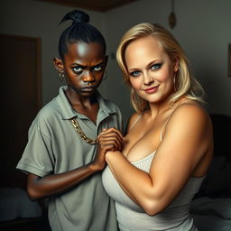 In a poor room setting, a very short and malnourished 20-year-old black woman, characterized as a petite dwarf with deep black skin, has an angry expression with fierce blue eyes