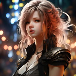 Transform the image to reflect the intricately detailed style of Final Fantasy characters. Re-imagine the anime woman while upholding the ultra-detailed, 32k resolution, and a beautiful color scheme that ranges from dark tones to light specks with a stunning bokeh effect.