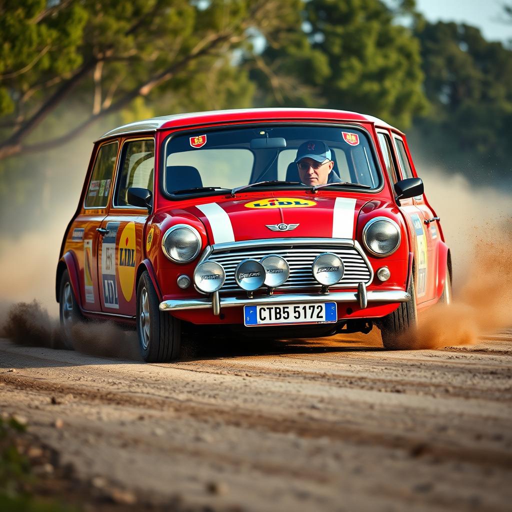 An old Mini rally car, designed with a vibrant red color featuring visible rally stylings