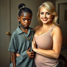 In a poor room setting, a very short and malnourished 20-year-old black woman, depicted as a petite dwarf with deep black skin, has an angry expression with fierce blue eyes