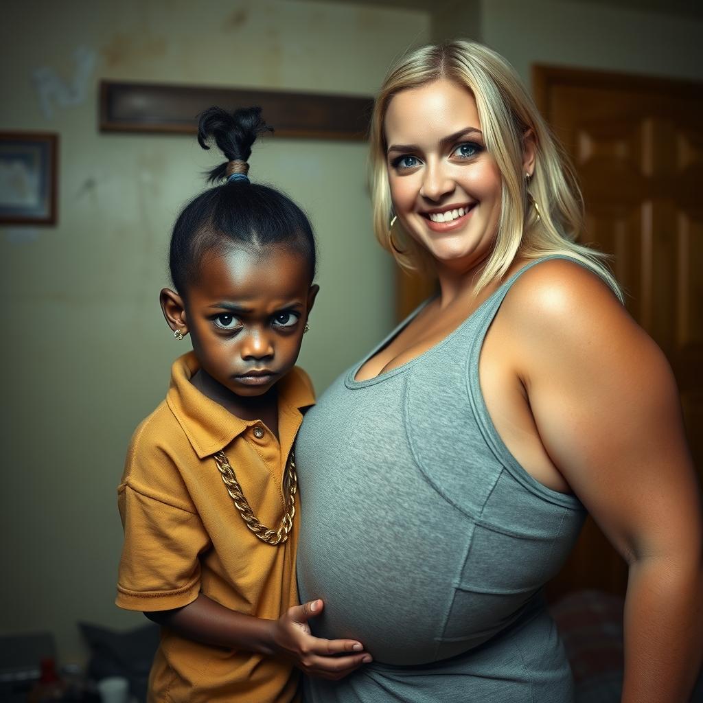 In a poor room setting, a very short and malnourished 20-year-old black woman, depicted as a petite dwarf with deep black skin, has an angry expression with fierce blue eyes