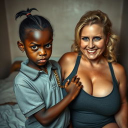 In a poor room setting, a very short and malnourished 20-year-old black woman, depicted as a petite dwarf with deep black skin, has a fierce and angry expression with striking blue eyes