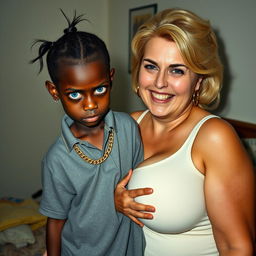 In a poor room setting, a very short and malnourished 20-year-old black woman, depicted as a petite dwarf with deep black skin, has a fierce and angry expression with striking blue eyes