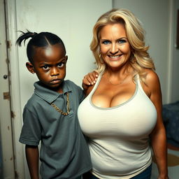 In a poor room setting, a very short and malnourished 20-year-old black woman, depicted as a petite dwarf with deep black skin, has a fierce and angry expression with striking blue eyes