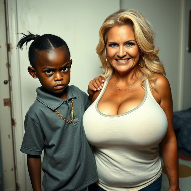 In a poor room setting, a very short and malnourished 20-year-old black woman, depicted as a petite dwarf with deep black skin, has a fierce and angry expression with striking blue eyes