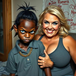 In a poor room setting, a very short and malnourished 20-year-old black woman, depicted as a petite dwarf with deep black skin, has a fierce and angry expression with striking blue eyes
