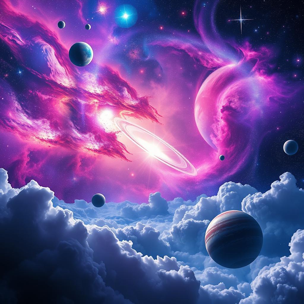 A stunning and imaginative space wallpaper featuring vibrant galaxies, bright nebulae in shades of purple, blue, and pink, twinkling stars scattered throughout, and a distant planetary ring system