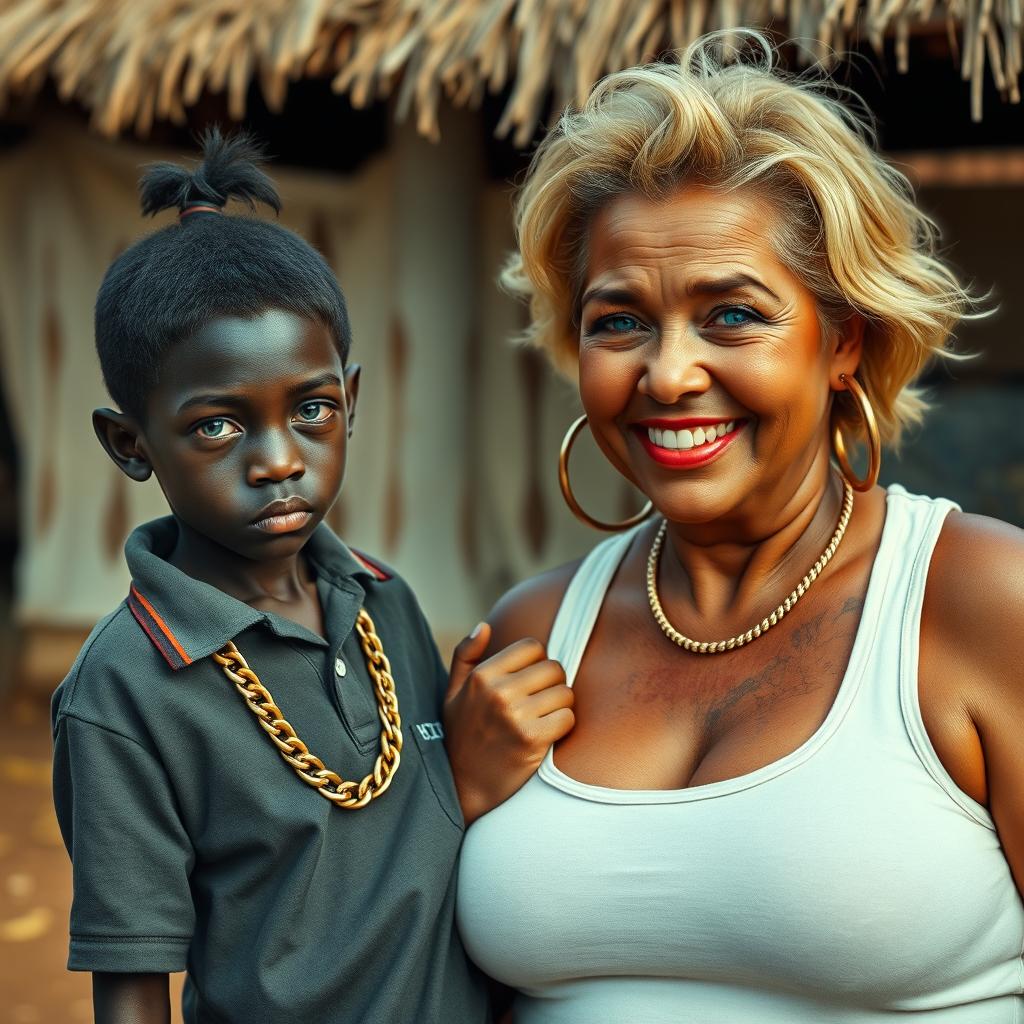 In an African village, a very short and malnourished 20-year-old black woman, depicted as a petite dwarf with deep black skin, has an angry expression with striking blue eyes