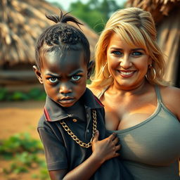 In an African village, a very short and malnourished 20-year-old black woman, depicted as a petite dwarf with deep black skin, has an angry expression with striking blue eyes