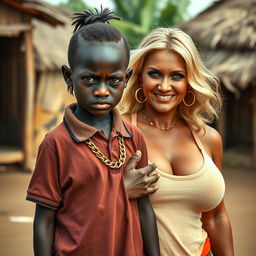 In an African village, a very short and malnourished 20-year-old black woman, depicted as a petite dwarf with deep black skin, has an angry expression with striking blue eyes
