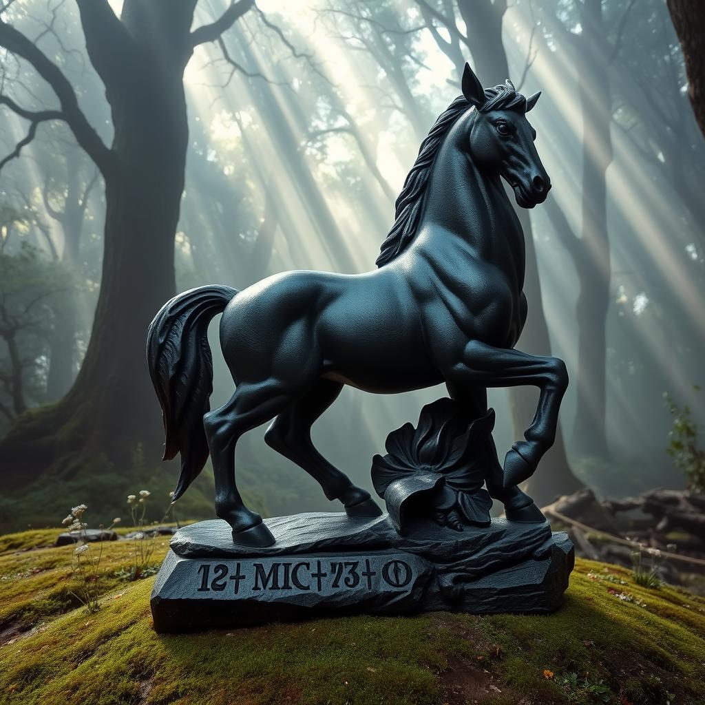 A detailed sculpture of a mythical creature, half-man and half-horse, intricately carved from dark stone