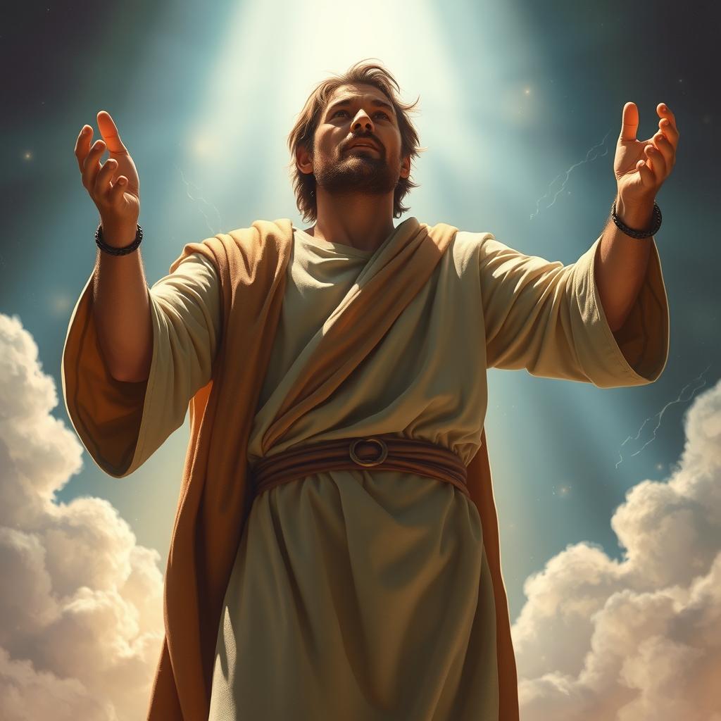 A powerful scene capturing the decisive moment where Isaías responds with determination, saying, 'Here I am! Send me!' He stands tall with a newfound sense of purpose, arms extended as if to embrace his calling