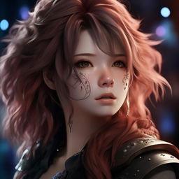 Transform the image to reflect the intricately detailed style of Final Fantasy characters. Re-imagine the anime woman while upholding the ultra-detailed, 32k resolution, and a beautiful color scheme that ranges from dark tones to light specks with a stunning bokeh effect.