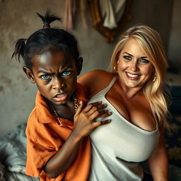 In a poor room setting, a very short and malnourished 20-year-old black woman, depicted as a petite dwarf with deep black skin, has a fierce and angry expression with striking blue eyes
