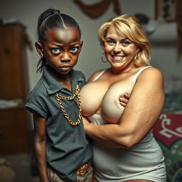 In a poor room setting, a very short and malnourished 20-year-old black woman, depicted as a petite dwarf with deep black skin, has a fierce and angry expression with striking blue eyes